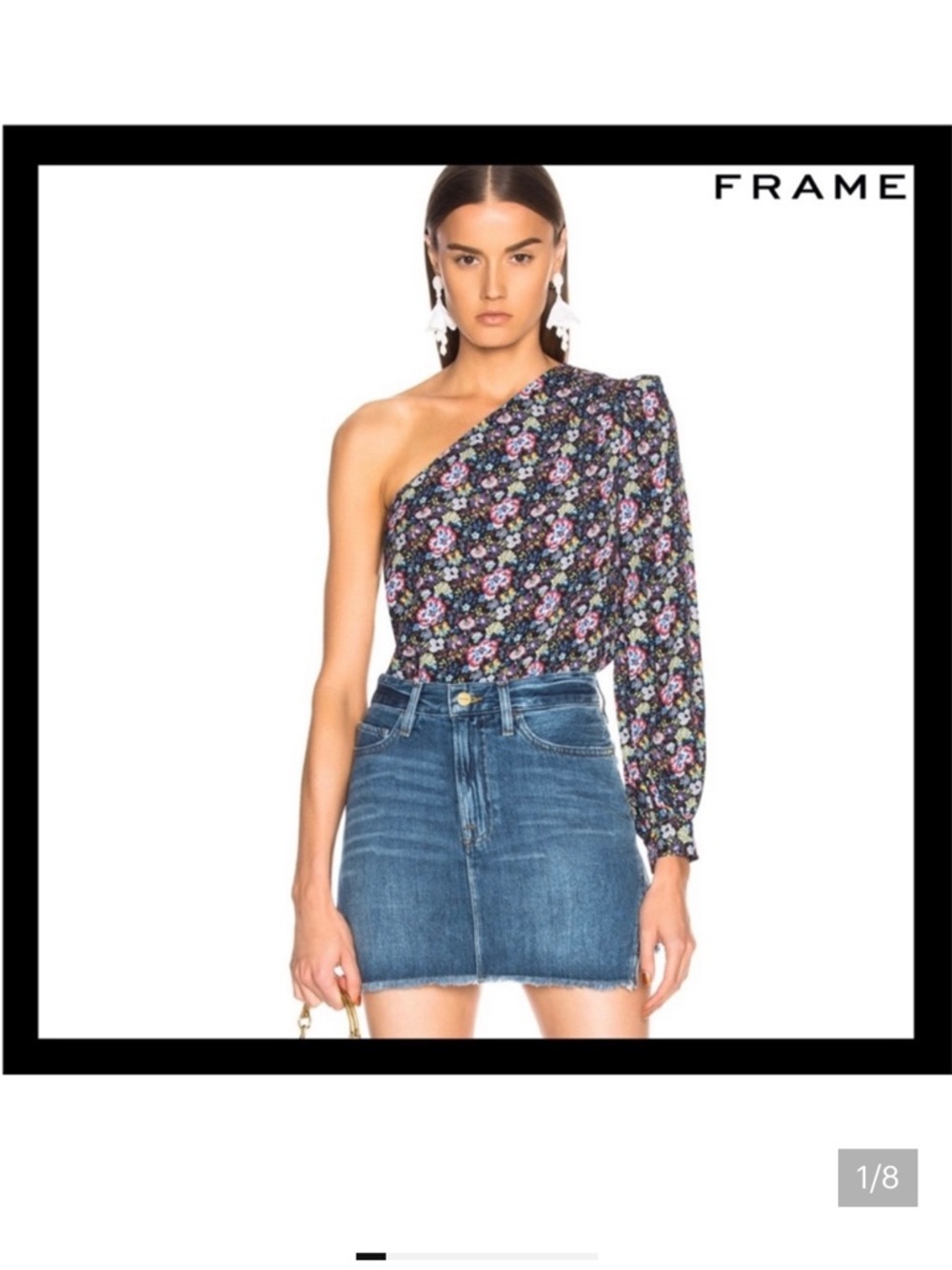 Frame Denim Top Navy‎ Floral One Shoulder Print Blouse, L Large Side Zip